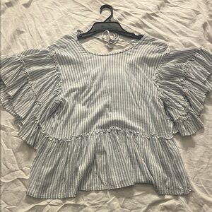 Anthropologie Blue Striped Ruffle Blouse